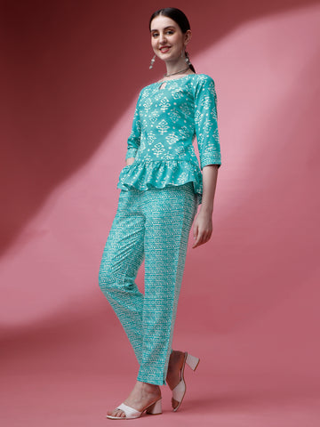 Sky Blue Cotton Printed Co-Ord Set With Round Neck and Regular Sleeve