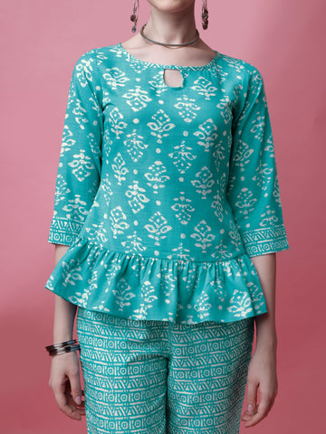 Sky Blue Cotton Printed Co-Ord Set With Round Neck and Regular Sleeve