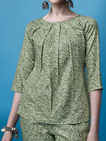 Green Cotton Printed Co-Ord Set With Round Neck and Regular Sleeve