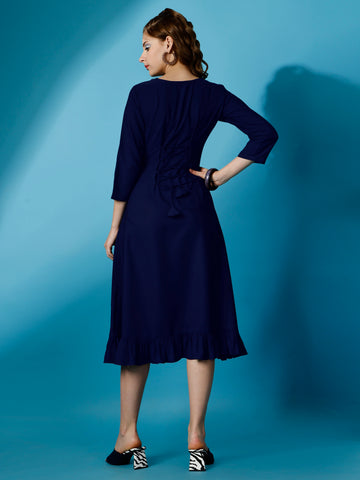 Royal Blue Party Wear Fit and Flare Western Dress With V-Neck and 3/4 Sleeve