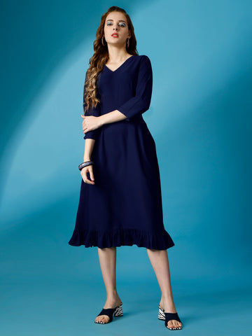 Royal Blue Party Wear Fit and Flare Western Dress With V-Neck and 3/4 Sleeve