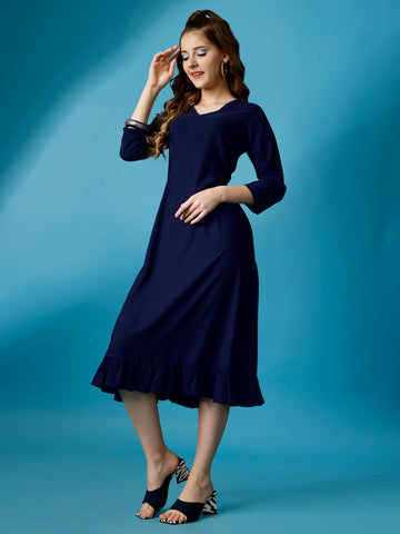 Royal Blue Party Wear Fit and Flare Western Dress With V-Neck and 3/4 Sleeve