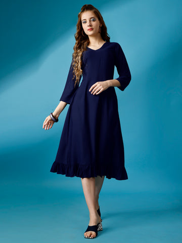 Royal Blue Party Wear Fit and Flare Western Dress With V-Neck and 3/4 Sleeve