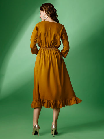 Mustard Party Wear Fit and Flare Western Dress With Sweetheart Neck and 3/4 Sleeve