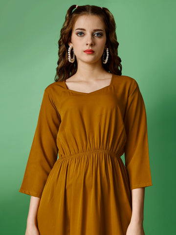 Mustard Party Wear Fit and Flare Western Dress With Sweetheart Neck and 3/4 Sleeve