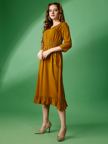 Mustard Party Wear Fit and Flare Western Dress With Sweetheart Neck and 3/4 Sleeve