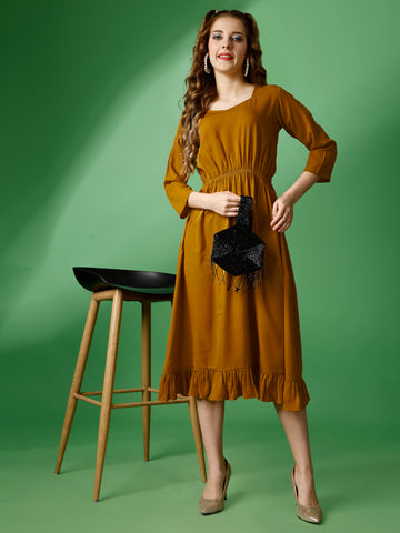 Mustard Party Wear Fit and Flare Western Dress With Sweetheart Neck and 3/4 Sleeve