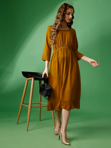 Mustard Party Wear Fit and Flare Western Dress With Sweetheart Neck and 3/4 Sleeve