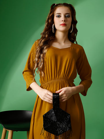 Mustard Party Wear Fit and Flare Western Dress With Sweetheart Neck and 3/4 Sleeve