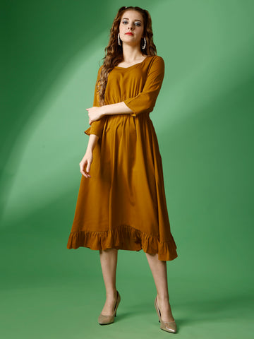 Mustard Party Wear Fit and Flare Western Dress With Sweetheart Neck and 3/4 Sleeve