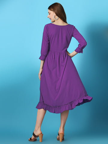 Purple Party Wear Fit and Flare Western Dress With Boat Neck and 3/4 Sleeve