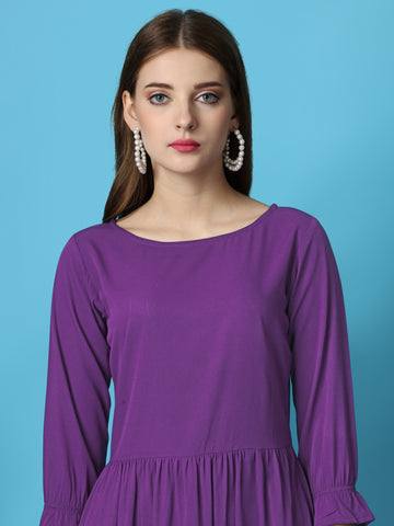 Purple Party Wear Fit and Flare Western Dress With Boat Neck and 3/4 Sleeve