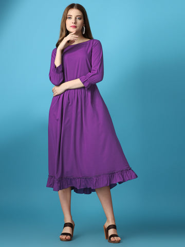 Purple Party Wear Fit and Flare Western Dress With Boat Neck and 3/4 Sleeve