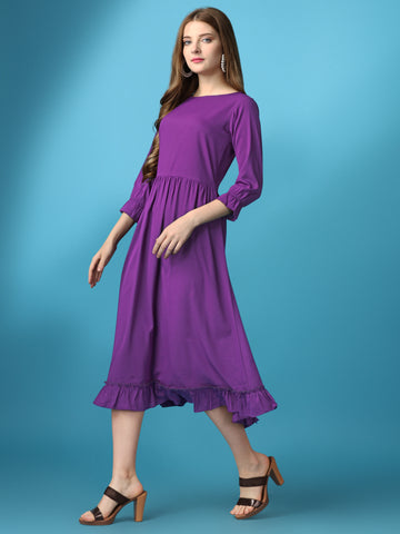 Purple Party Wear Fit and Flare Western Dress With Boat Neck and 3/4 Sleeve