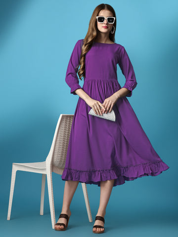 Purple Party Wear Fit and Flare Western Dress With Boat Neck and 3/4 Sleeve