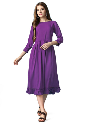 Purple Party Wear Fit and Flare Western Dress With Boat Neck and 3/4 Sleeve