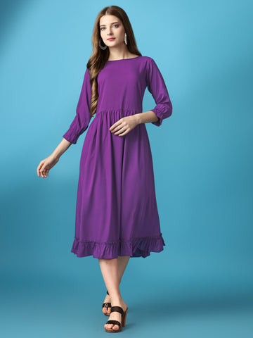 Purple Party Wear Fit and Flare Western Dress With Boat Neck and 3/4 Sleeve