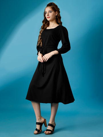 Black Party Wear Fit and Flare Western Dress With Square Neck and Full Sleeve