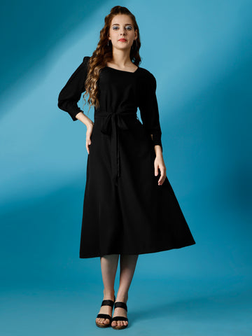 Black Party Wear Fit and Flare Western Dress With Square Neck and Full Sleeve