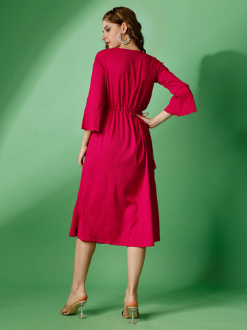 Pink Party Wear Fit and Flare Western Dress With V-Neck and 3/4 Sleeve