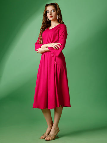 Pink Party Wear Fit and Flare Western Dress With V-Neck and 3/4 Sleeve