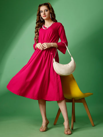 Pink Party Wear Fit and Flare Western Dress With V-Neck and 3/4 Sleeve