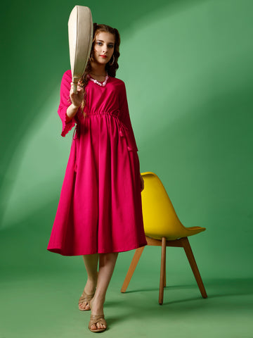 Pink Party Wear Fit and Flare Western Dress With V-Neck and 3/4 Sleeve