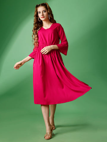 Pink Party Wear Fit and Flare Western Dress With V-Neck and 3/4 Sleeve