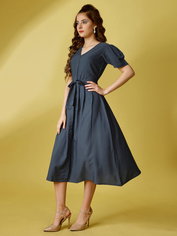 Grey Party Wear Fit and Flare Western Dress With V-Neck and Half Sleeve