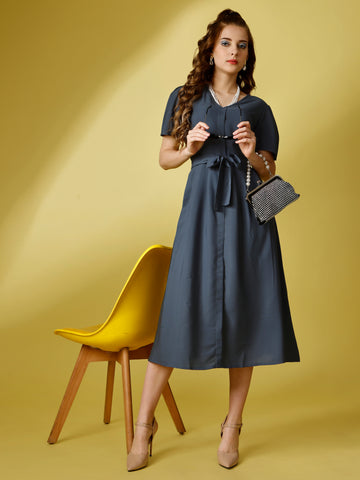 Grey Party Wear Fit and Flare Western Dress With V-Neck and Half Sleeve