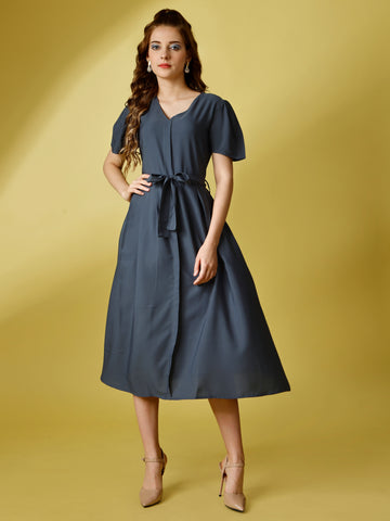 Grey Party Wear Fit and Flare Western Dress With V-Neck and Half Sleeve