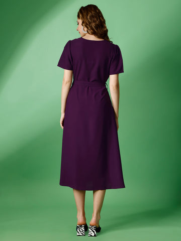 Purple Party Wear Fit and Flare Western Dress With V-Neck and Half Sleeve