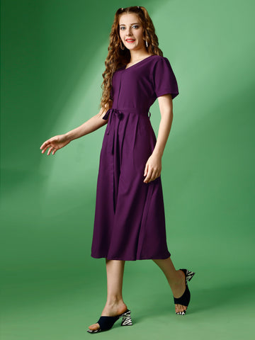 Purple Party Wear Fit and Flare Western Dress With V-Neck and Half Sleeve