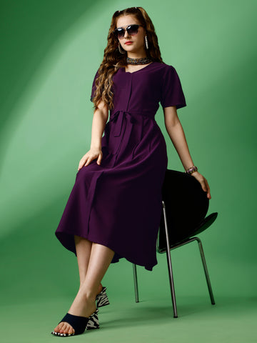 Purple Party Wear Fit and Flare Western Dress With V-Neck and Half Sleeve