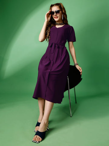 Purple Party Wear Fit and Flare Western Dress With V-Neck and Half Sleeve