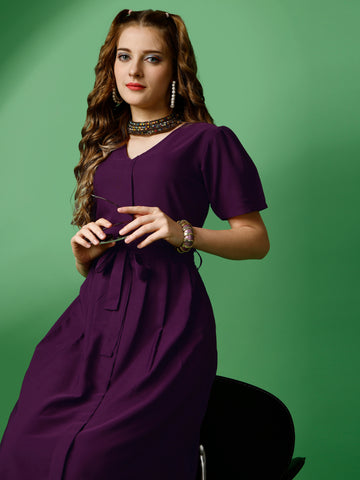 Purple Party Wear Fit and Flare Western Dress With V-Neck and Half Sleeve