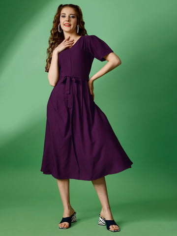 Purple Party Wear Fit and Flare Western Dress With V-Neck and Half Sleeve