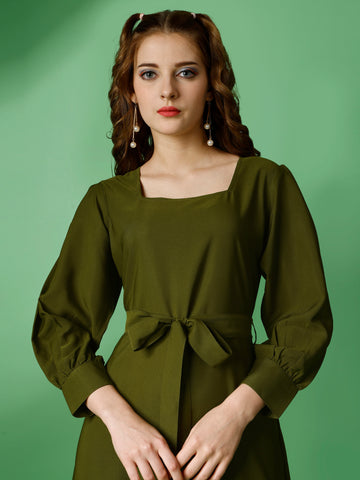 Mehendi Green Party Wear Fit and Flare Western Dress With Square Neck and Full Sleeve