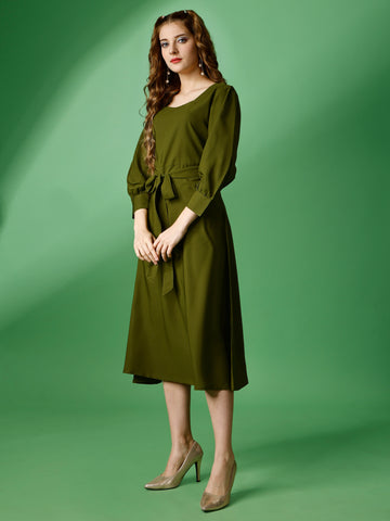 Mehendi Green Party Wear Fit and Flare Western Dress With Square Neck and Full Sleeve