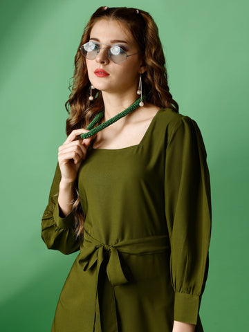 Mehendi Green Party Wear Fit and Flare Western Dress With Square Neck and Full Sleeve