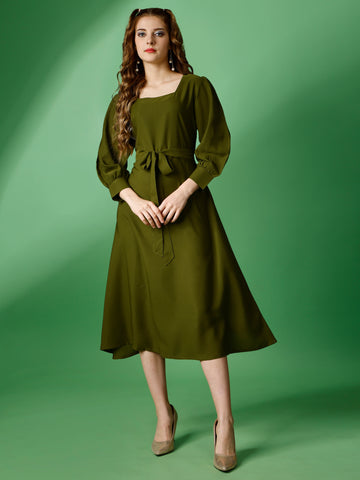 Mehendi Green Party Wear Fit and Flare Western Dress With Square Neck and Full Sleeve