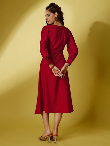 Red Party Wear Fit and Flare Western Dress With Square Neck and Full Sleeve