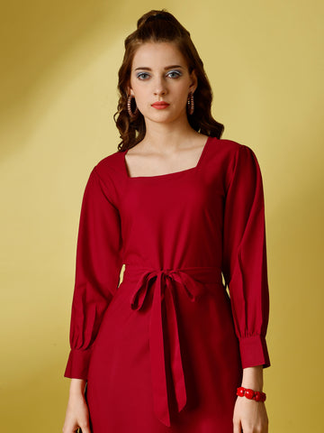 Red Party Wear Fit and Flare Western Dress With Square Neck and Full Sleeve