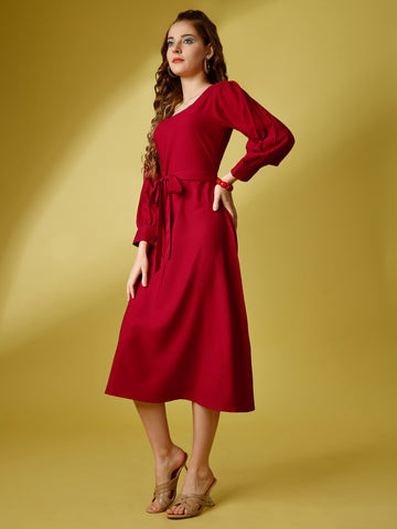 Red Party Wear Fit and Flare Western Dress With Square Neck and Full Sleeve