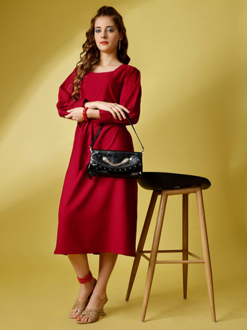 Red Party Wear Fit and Flare Western Dress With Square Neck and Full Sleeve