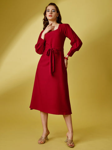 Red Party Wear Fit and Flare Western Dress With Square Neck and Full Sleeve