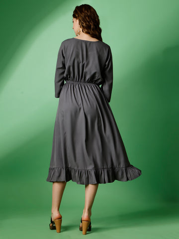 Dark Grey Party Wear Fit and Flare Western Dress With Sweetheart Neck and 3/4 Sleeve