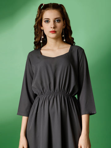 Dark Grey Party Wear Fit and Flare Western Dress With Sweetheart Neck and 3/4 Sleeve