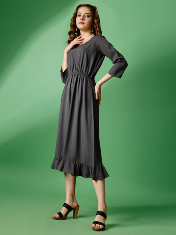 Dark Grey Party Wear Fit and Flare Western Dress With Sweetheart Neck and 3/4 Sleeve