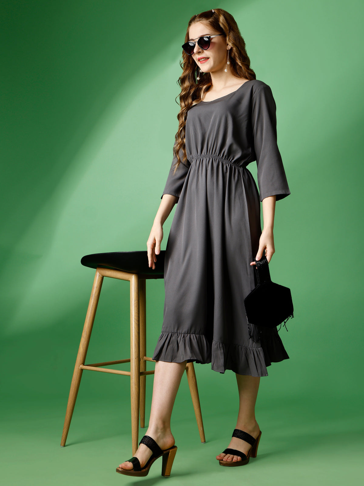 Dark Grey Party Wear Fit and Flare Western Dress With Sweetheart Neck and 3/4 Sleeve